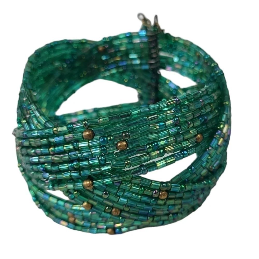 Green Czech Clear Bugle Glass Beads Wire Wrapped Bracelet
